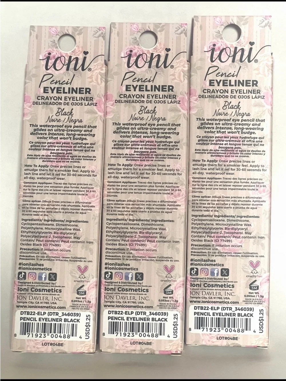 IONI Pencil Eyeliner - Intense Black. Long wear. Waterproof. Set of 3.